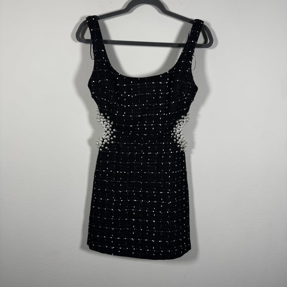 Zara Black Tweed Pearl Embellished Cut Out Mini Dress Sleeveless Scoop Neck XS